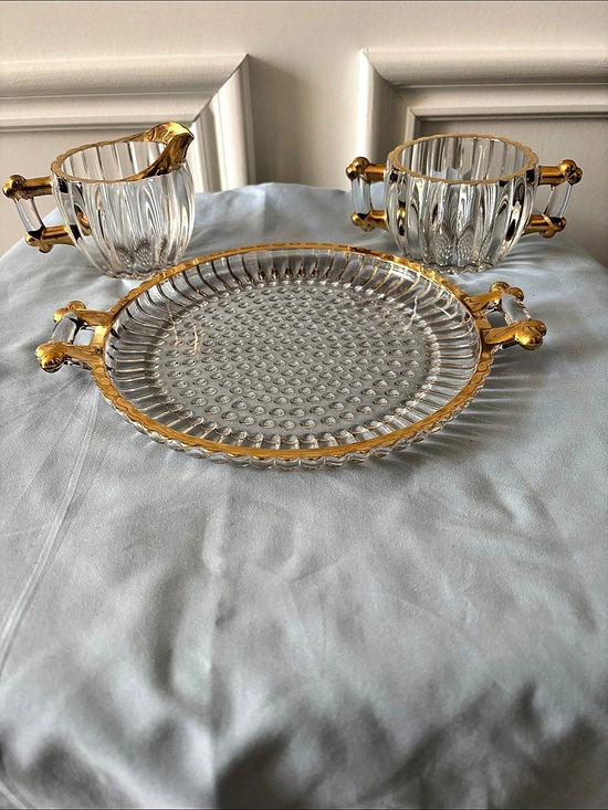 Other - Vintage Jeanette National Clear & Gold Glass Sugar/Creamer Tray Set